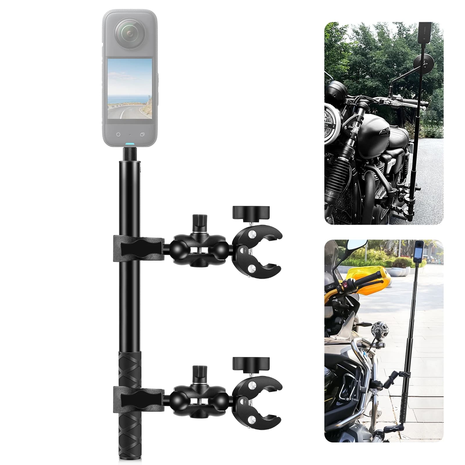 PULUZ Cycling Quick Release Bracket with 150cm Selfie Stick Set Double Dual-heads Crabs Clamps Handlebar Fixed Mount