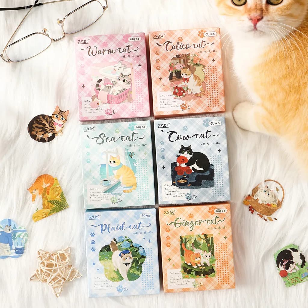 60 Pezzi/Scatola Adesivi Gatto Carini per Scrapbooking, Junk Journal, Decorazione Fai-da-Te, Planner, Valigie, Diari, Quaderni, Album