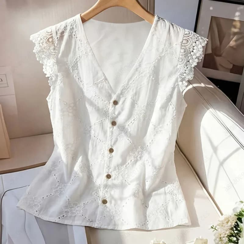 Women Shirt Blouse Summer New Sleeveless White V-Neck Embroidery Hollow Out Shirt Blouse Women Tops Blusas Para Mujer 2026 Q3647
