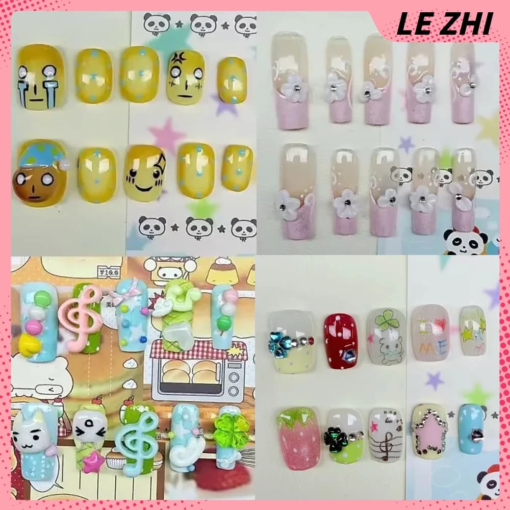 10 Pezzi Unghie Finte Estive Fatte a Mano con Fiori, Fiocchi di Perle e Diamanti, Regalo per Ragazze