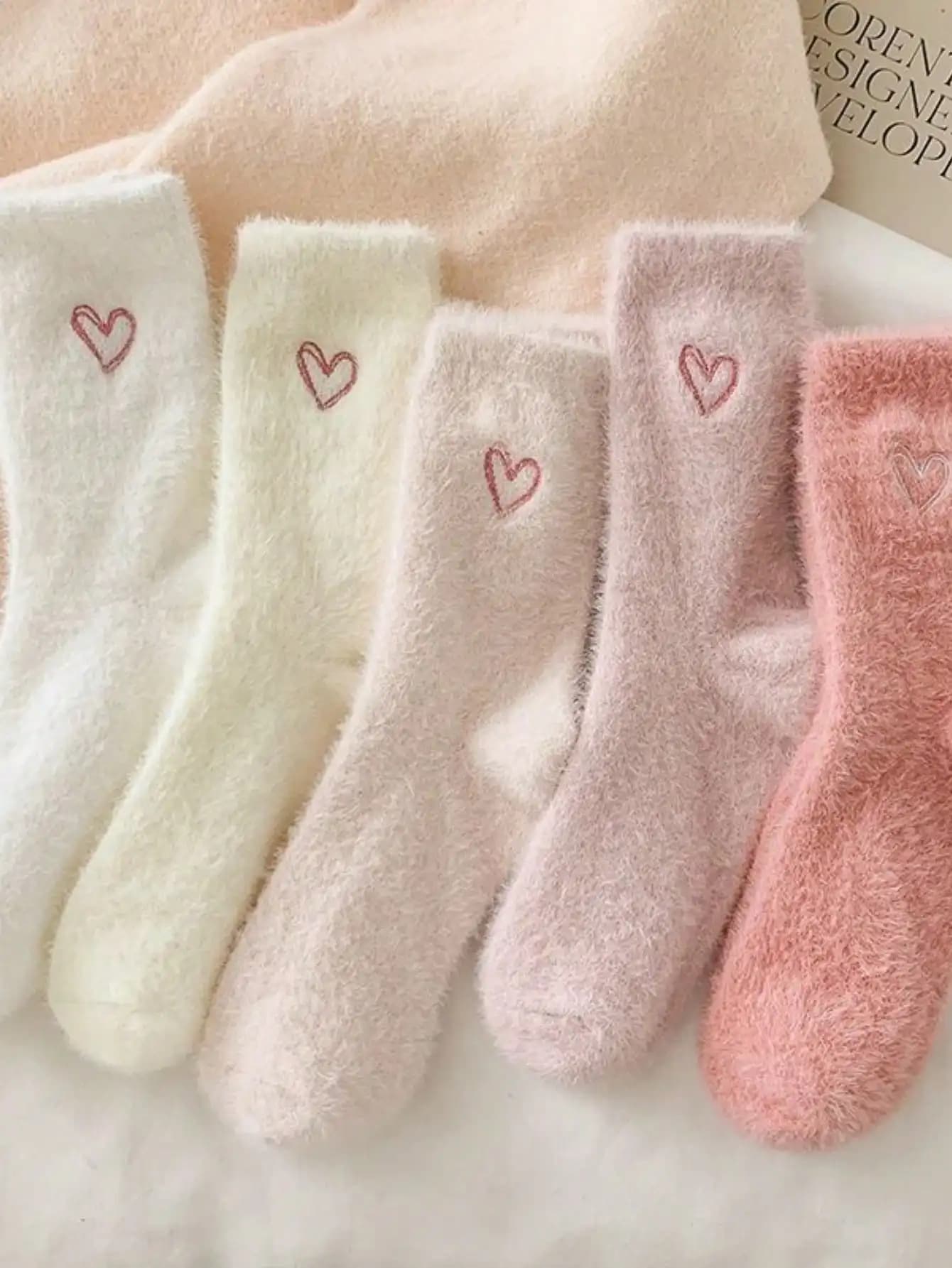 5 Pairs Women's Thickened Mink Socks Pink Heart Embroidery Plush Sleepwear Solid Color Warm Middle Tube Autumn Winter Home Socks