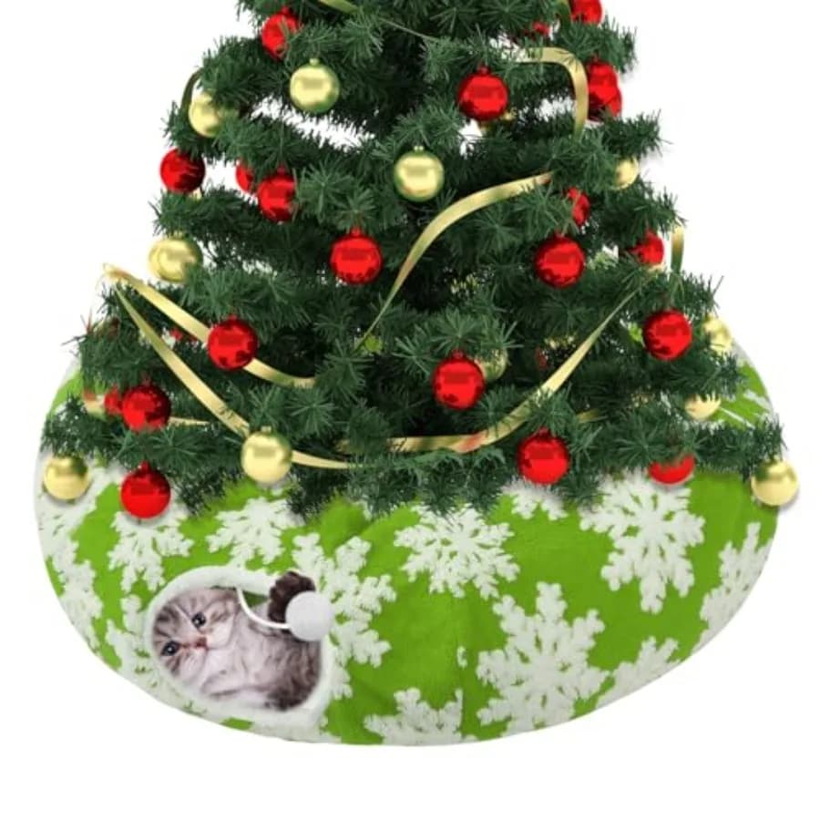 Tappeto a tunnel per gatti per albero di Natale da 1,5-2,3 m - Previene la caduta dell'albero di Natale, con motivi a fiocchi di neve, caldo e morbido, letto a tunnel per gatti