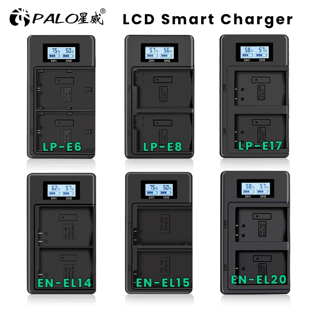 Caricabatterie LCD per LP-E5 LP-E6 LP-E8 LP-E10 LP-E12 LP-E17 NP-FW50 NP-F960 NP-FZ100 NP-FV100 EN-EL14 EN-EL15 EN-EL20 EN-EL25 NP-W126