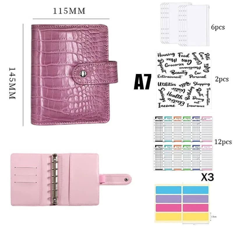 A7 Crocodile Pattern Leather Budget Binder Notebook Cash Envelopes System Set Binder Pockets Money Budget Saving Bill Organizer