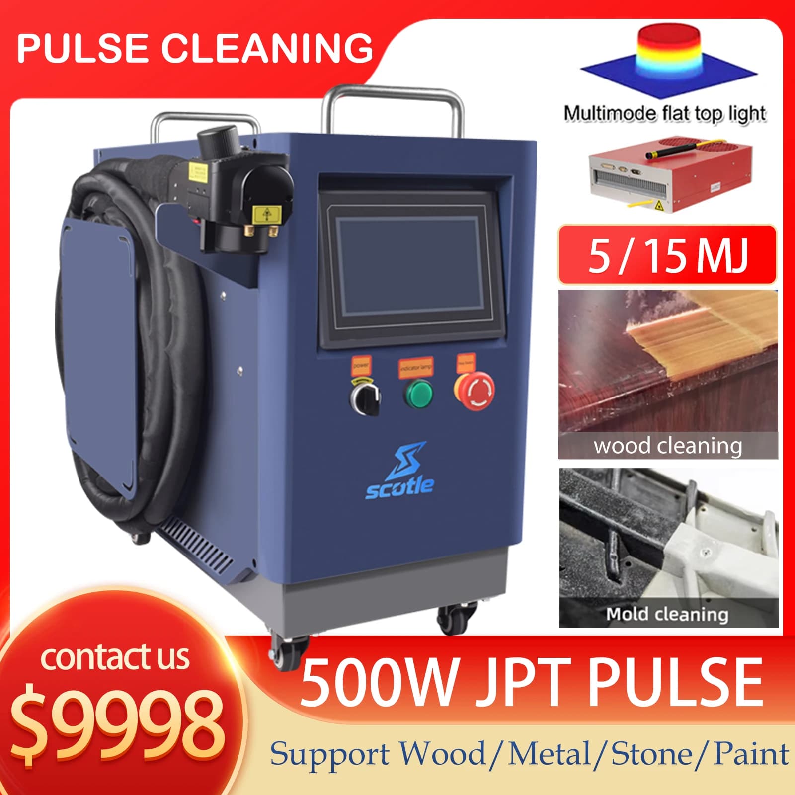 Macchina per Pulizia Laser a Impulsi JPT 500W, Pulitore a Impulsi per Pulizia del Legno, Rimozione Ruggine/Vernice/Ossido, 15MJ 5MJ con Doppia Testa a Pendolo