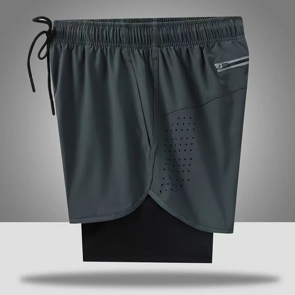Pantaloncini da yoga 2 in 1, pantaloncini sportivi ad asciugatura rapida con striscia riflettente, abbigliamento sportivo da uomo traspirante con tasca, pantaloncini da ciclismo e corsa