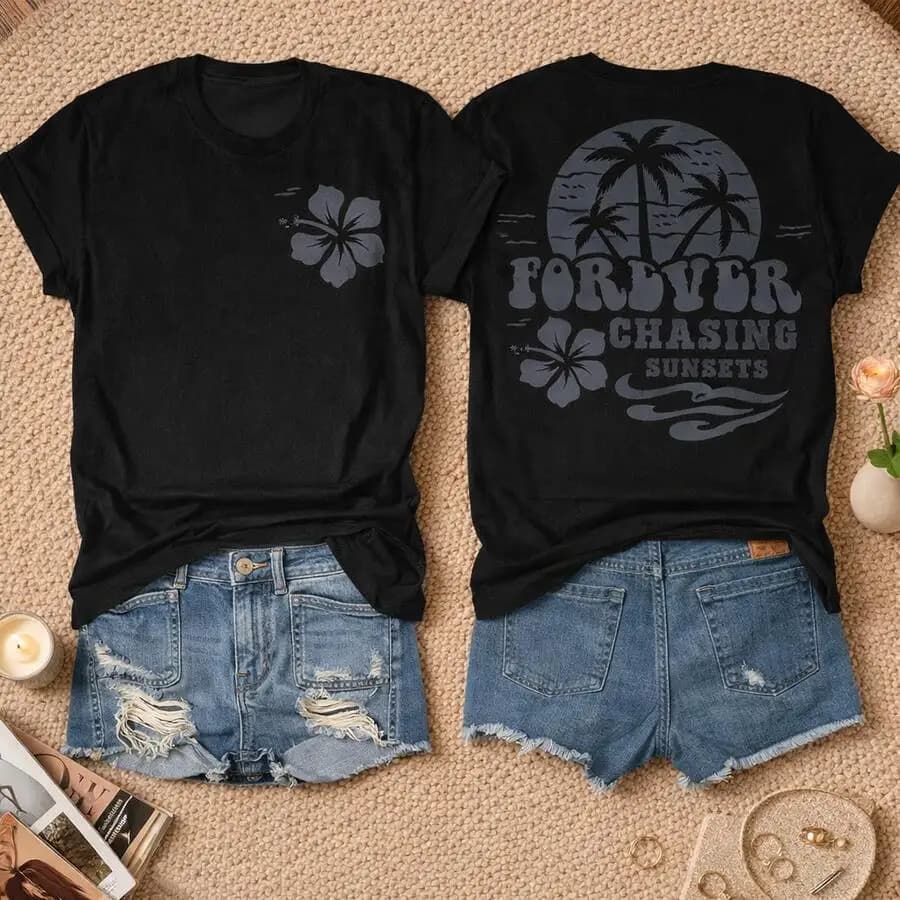 T-shirt nera in cotone con stampa hawaiana di ibisco e tramonto, maglietta casual da donna