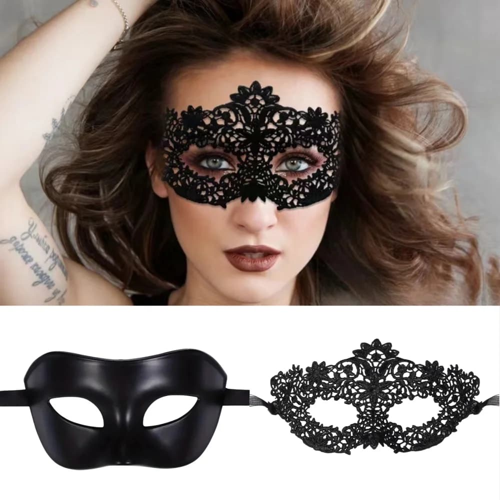 Set di 2 maschere per mascherata in pizzo nero elegante per coppie, perfette per feste veneziane, mardi gras e celebrazioni di Halloween