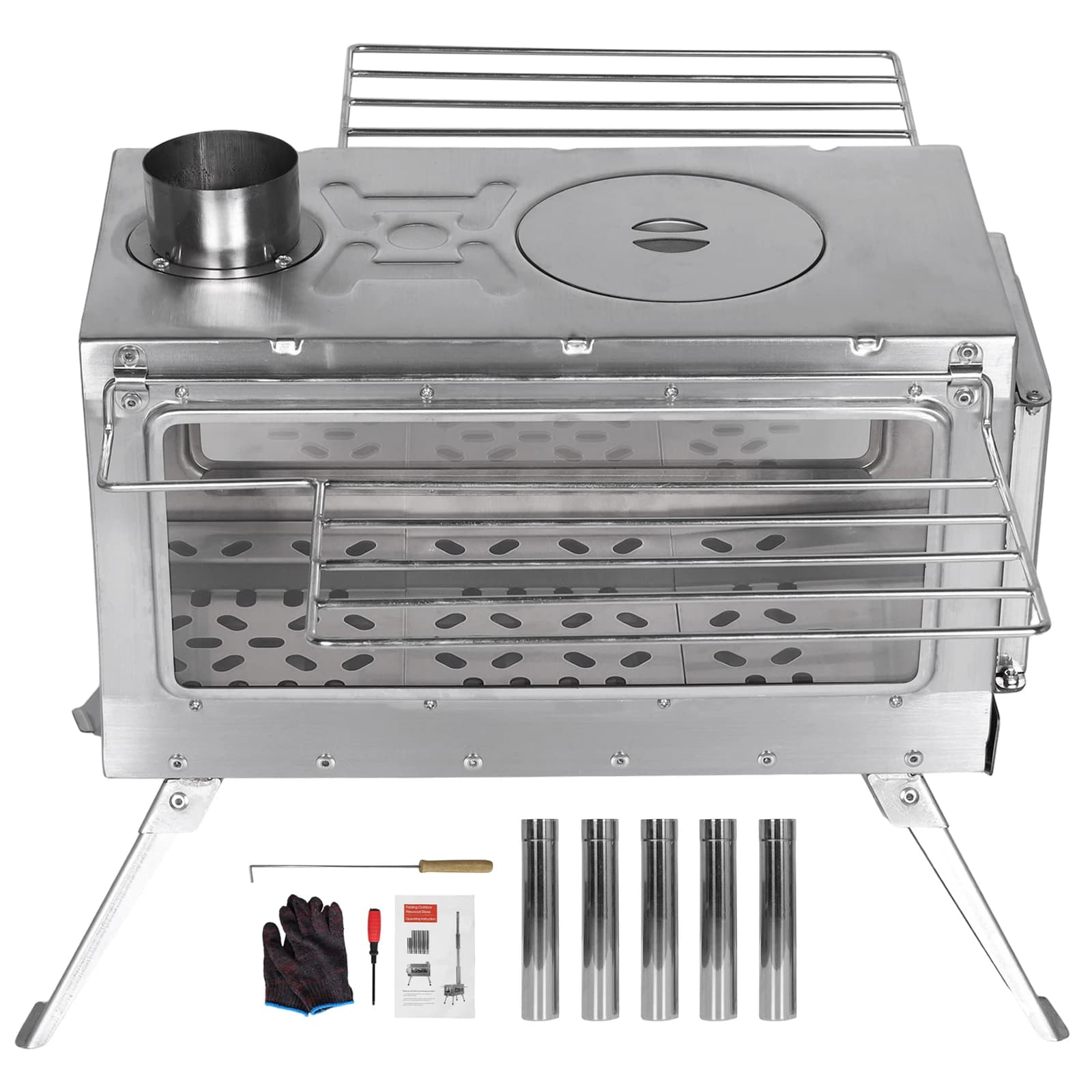 Portable Burner Stove with Chimney Pipe Clean Burning Heating Stove Rust Proof for Tents Shelters Camping