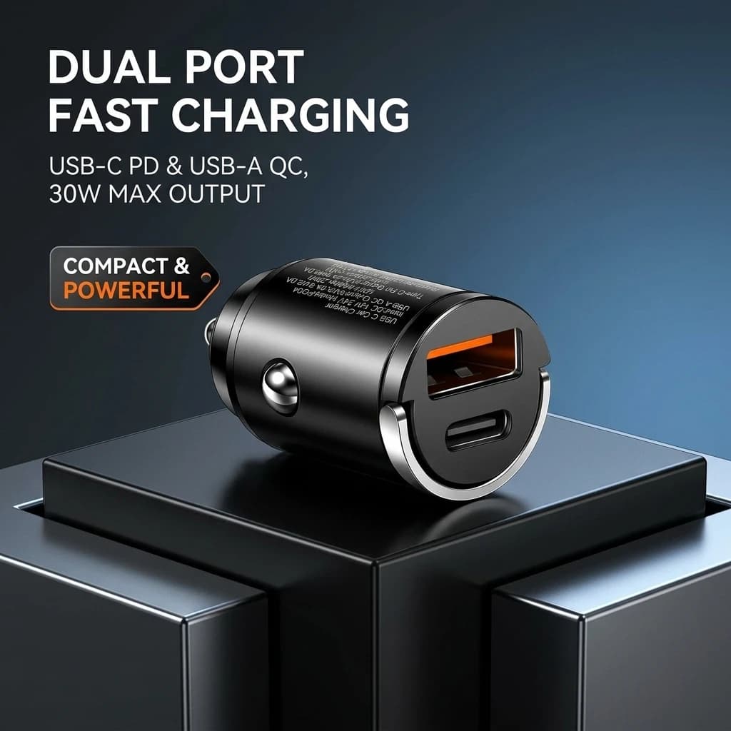 Mini caricabatterie da auto Flush Fit 100W a doppia porta Type C PD e USB A QC con ricarica rapida, adattatore per accendisigari per telefoni e tablet
