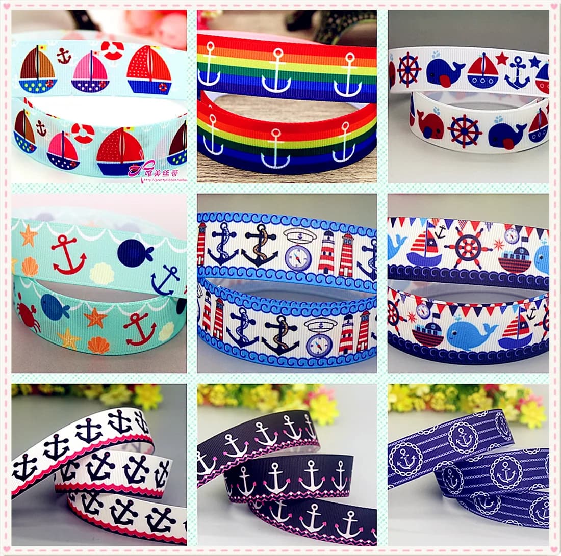 Nastro Grosgrain Stampato DHK 50 Iarde con Motivo Ancora e Barca, Accessori Decorativi per Copricapi, Colletti, Fai da Te, Cucito e Artigianato S2552