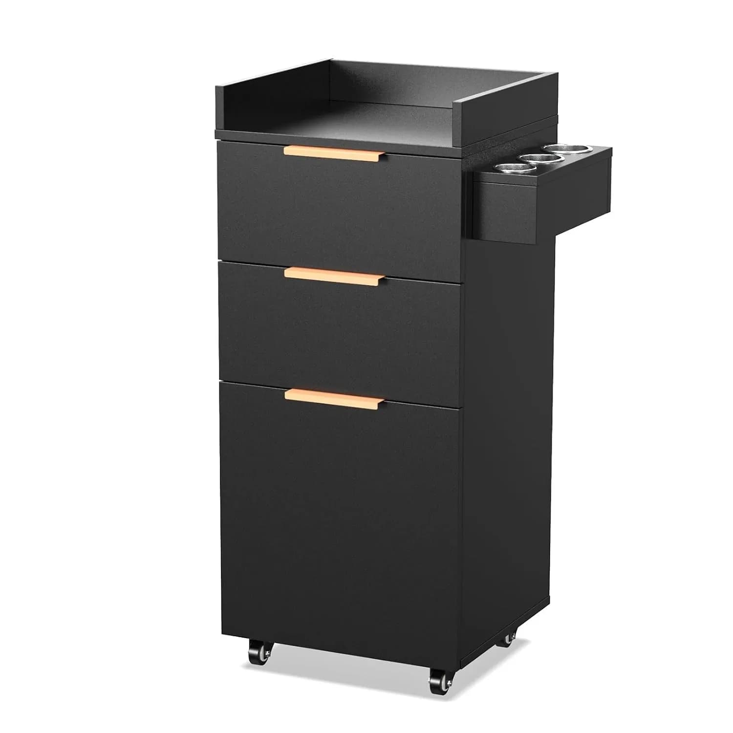 Carrello portaoggetti Black Beauty con cassetti color oro rosa e supporti per ferro arricciacapelli/asciugacapelli
