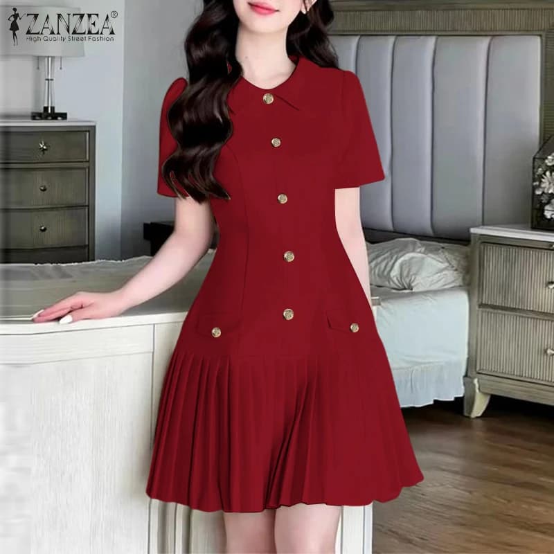 2026 ZANZEA Fashion Summer Lapel Neck Short Sleeve Dresses Women Mini Dress Elegant Work OL Sundress Solid Pleated Party Vestido
