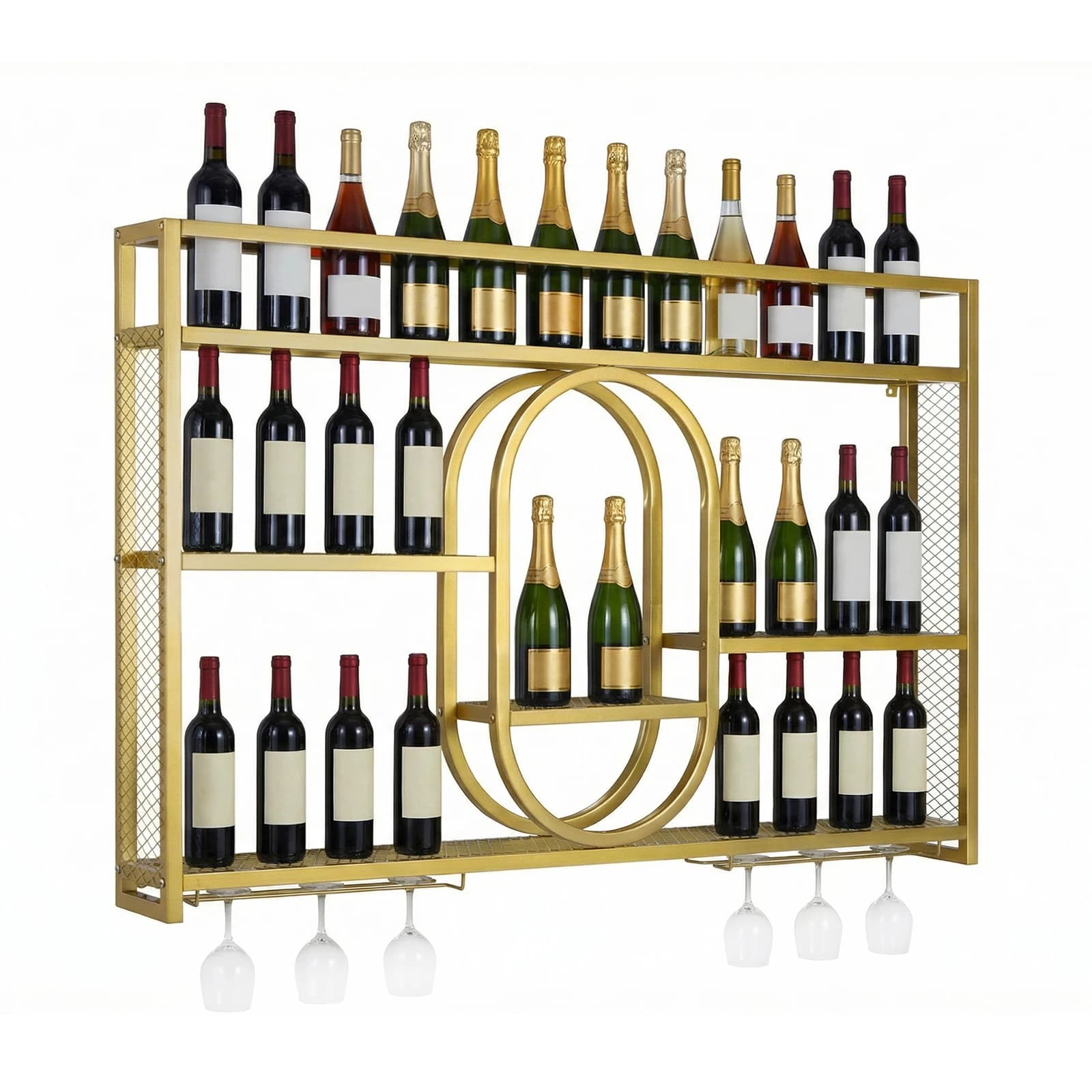 Portabottiglie da Parete in Metallo con Portabicchieri, Espositore per Vini per Cantina, Bar, Ristorante, Hotel, Lobby