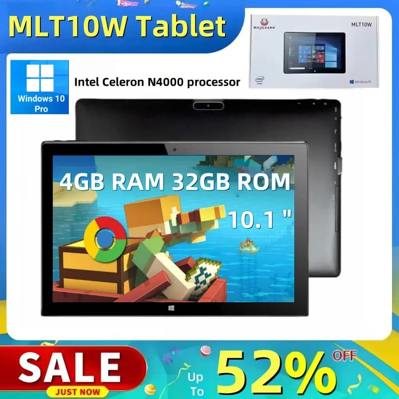 Tablet da 10.1 Pollici con Intel Celeron N4000, Windows 10 Pro, 4GB RAM, 32GB ROM, 64bit, Doppia Fotocamera, HD-MI, USB 3.0, 1280 x 800 IPS G+P