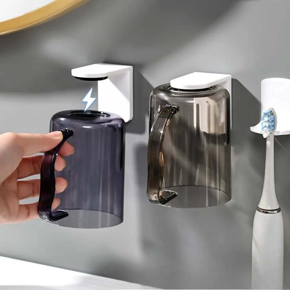 Magnetic Wall‑Mounted Toothbrush Holder with Transparent Plastic Mouthwash Cup Bathroom Toothpaste Storage Rack Organizer