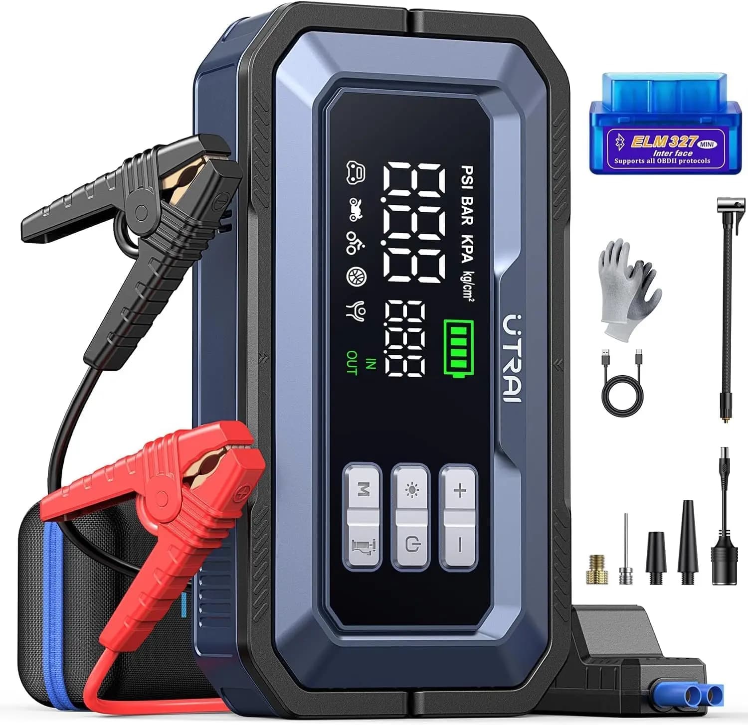 Avviatore di Emergenza Portatile 7000A con Compressore d'Aria, 150PSI per Batteria Auto, Uscita DC 160W, Scanner OBD II e Luce LED