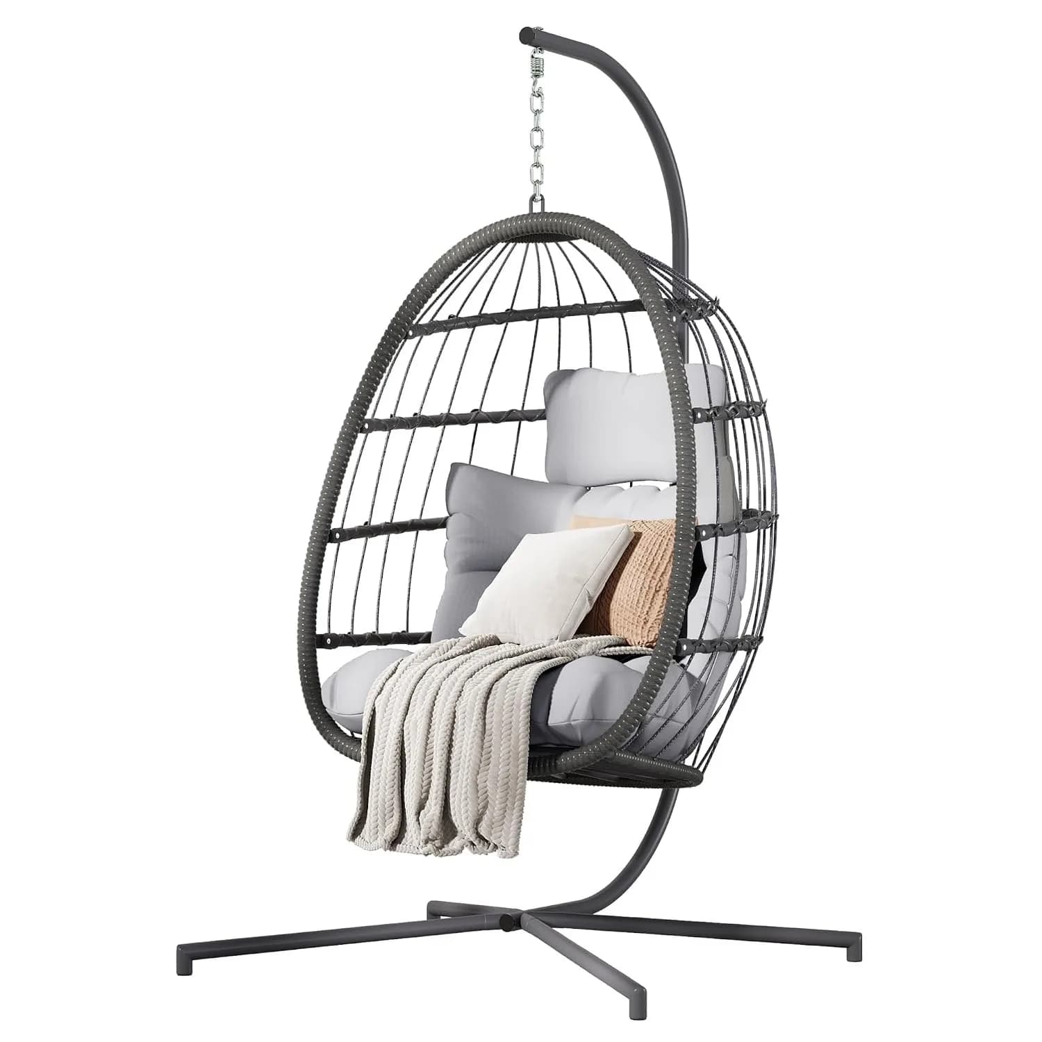 Grey Wicker Hanging Egg Swing Chair With Stand & Cushion For Bedroom Garden Indoor Outdoor, Custom