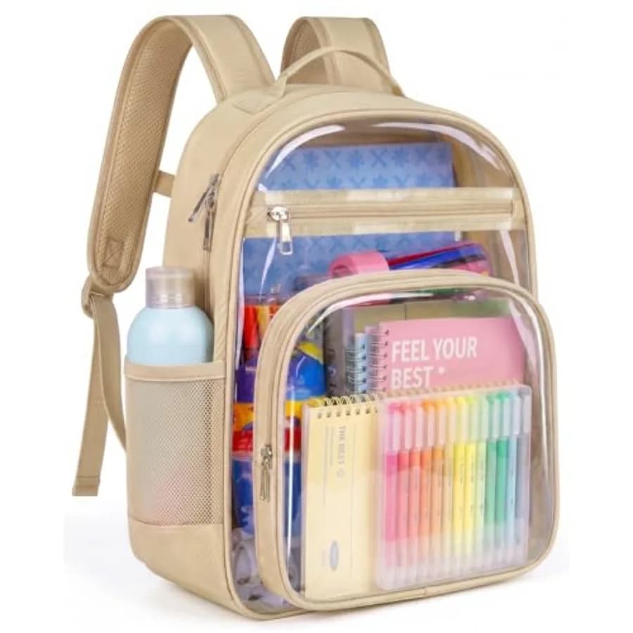 Clear Backpack for Girls Boys - Clear Bookbag - Fabric and PVC Transparent Backpacks for Elementary School, Khaki