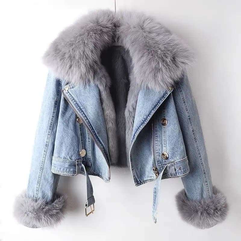 AW New Women Faux Fox Fur Collar Jean Coat Winter Jacket Female Short Warm Parkas Rabbit Hair Lining Outwear Fashion Overcoat