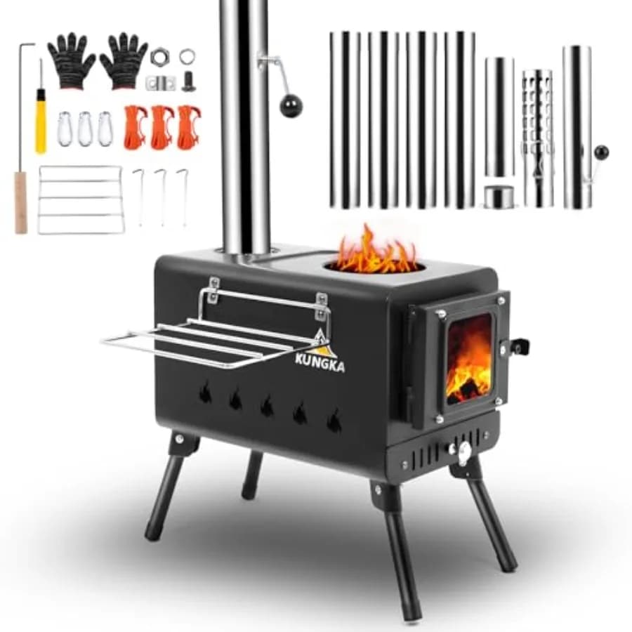 Blackwood curtain stove with 7-section stainless steel fireplace for portable heating during camping hunting and ice fishing