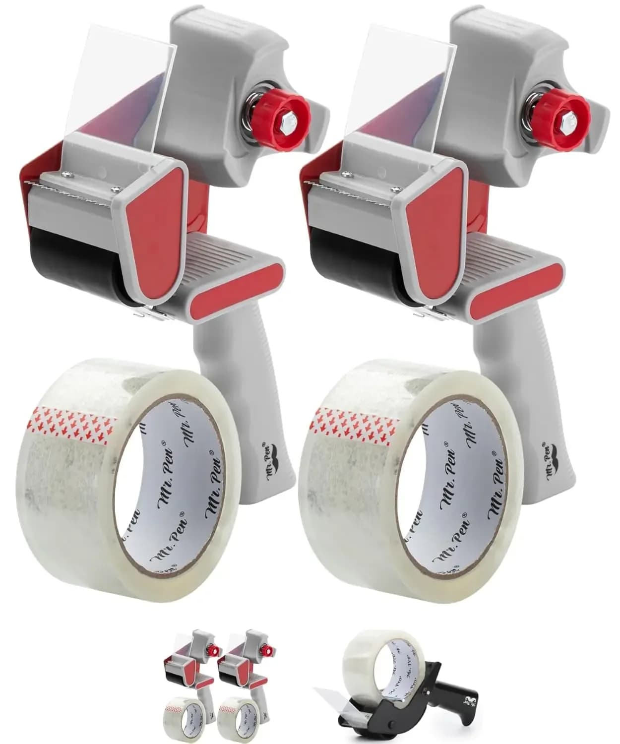 Heavy Duty Packing Tape Dispenser Gun 2 Inch, 2 Pack with 2 Clear Tape Rolls, Handheld Tape Gun for Moving, Shipping, Sealing