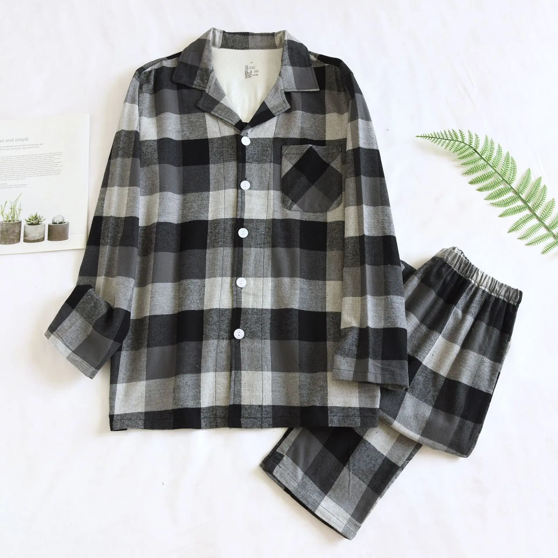 100% cotone Pijama uomo 2 pezzi lounge pigiameria pigiama plaid autunno inverno spazzolato camicia da letto vestiti per la casa uomo pjs pigiama set