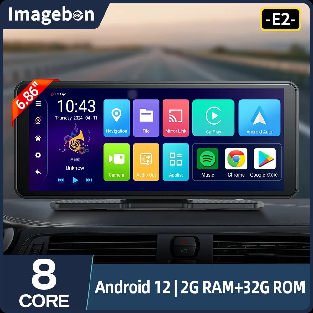 Imagebon 6.86''' E2 Android 12 Dashcam Wireless Carplay Android Auto Camera DVR for Auto Mirror Retrovisor Wifi Google Play Youtube