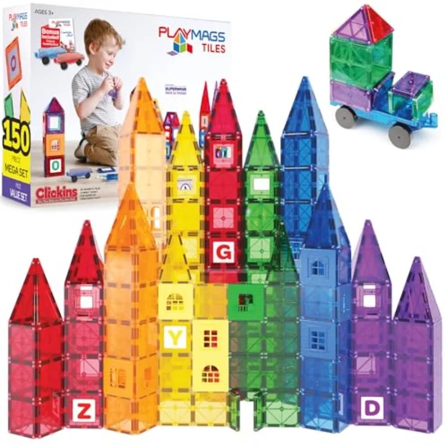 Blocchi educativi STEM per bambini: piastrelle magnetiche nei colori primari, in plastica resistente, ideali per l'uso in classe e a casa.