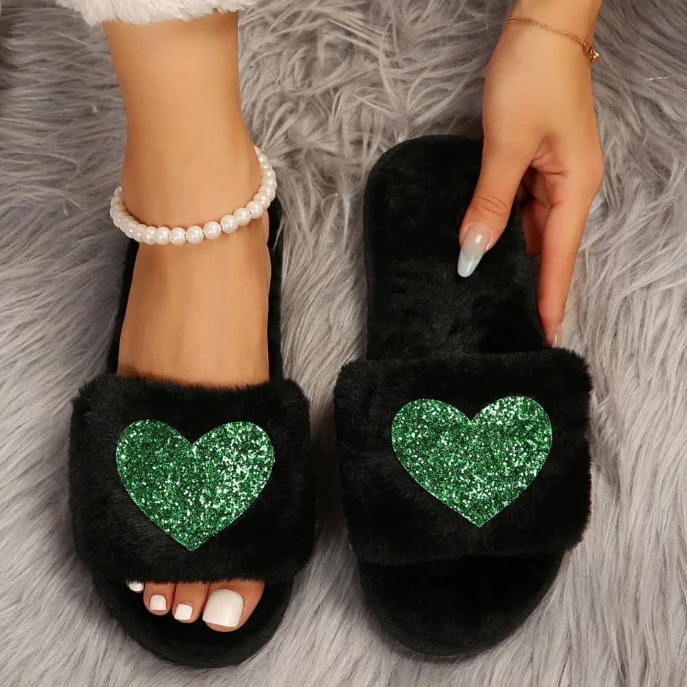 Fashion Heart Shaped Sequin Plush Slippers Women Open Toe Faux Fur Indoor Home Slides Woman Autumn Winter Fluffy Flat Slippers