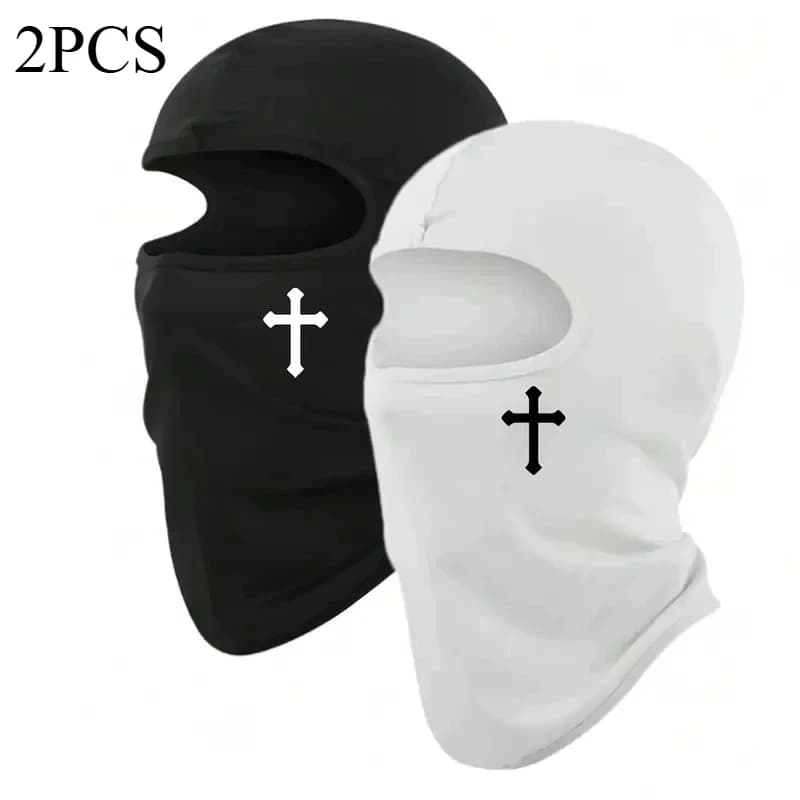 2Pcs Breathable Cross Pattern Black Balaclava Ski Mask for Men, Versatile Full Face Cover Headwear for Biking Climbing Fishing Multi Outdoor Activities