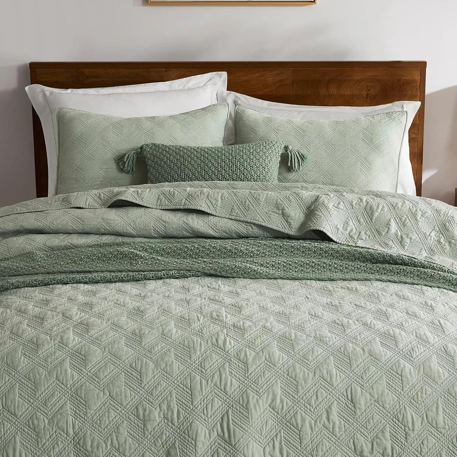 Set Copriletto in Cotone Verde Salvia - Trapuntato, Pre-Lavato, Morbido e Leggero, Stile Moderno e Rustico