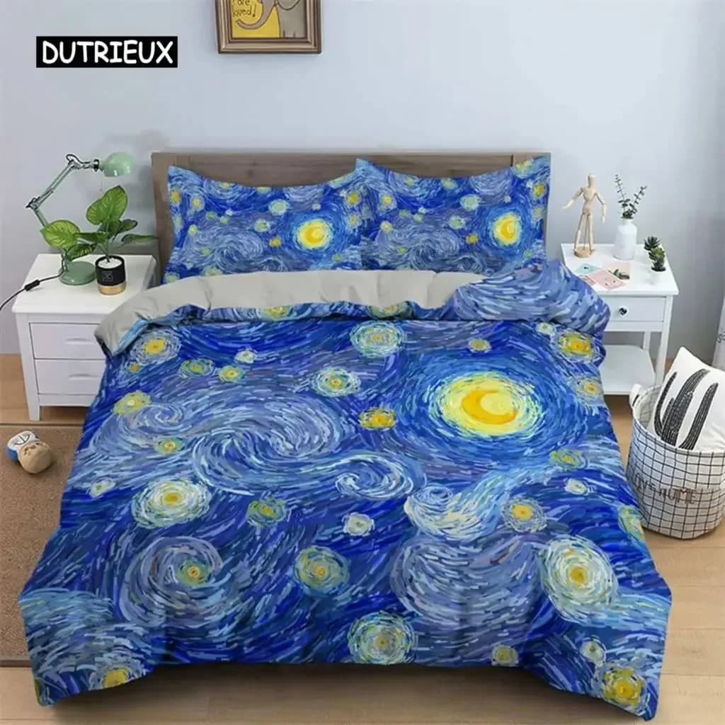 Set biancheria da letto artistica 3D King Monet Van Gogh Style Sky Oil Painting Pattern Copripiumino stampato con federe Vendita calda