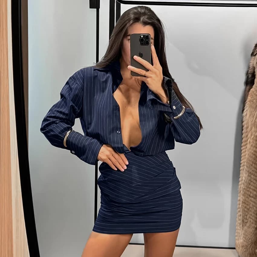 Linad Elegante abito camicia a righe a vita alta Donna 2025 Street Chic Abiti slim a maniche lunghe Abito monopetto da ufficio femminile