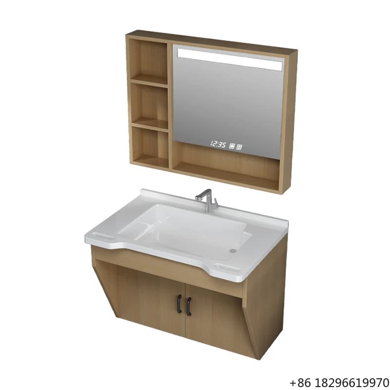 Set di mobili da bagno senza barriere con bracciolo di sicurezza, lavabo, specchio e mobiletto per uso in case di cura, ospedali, hotel e per anziani