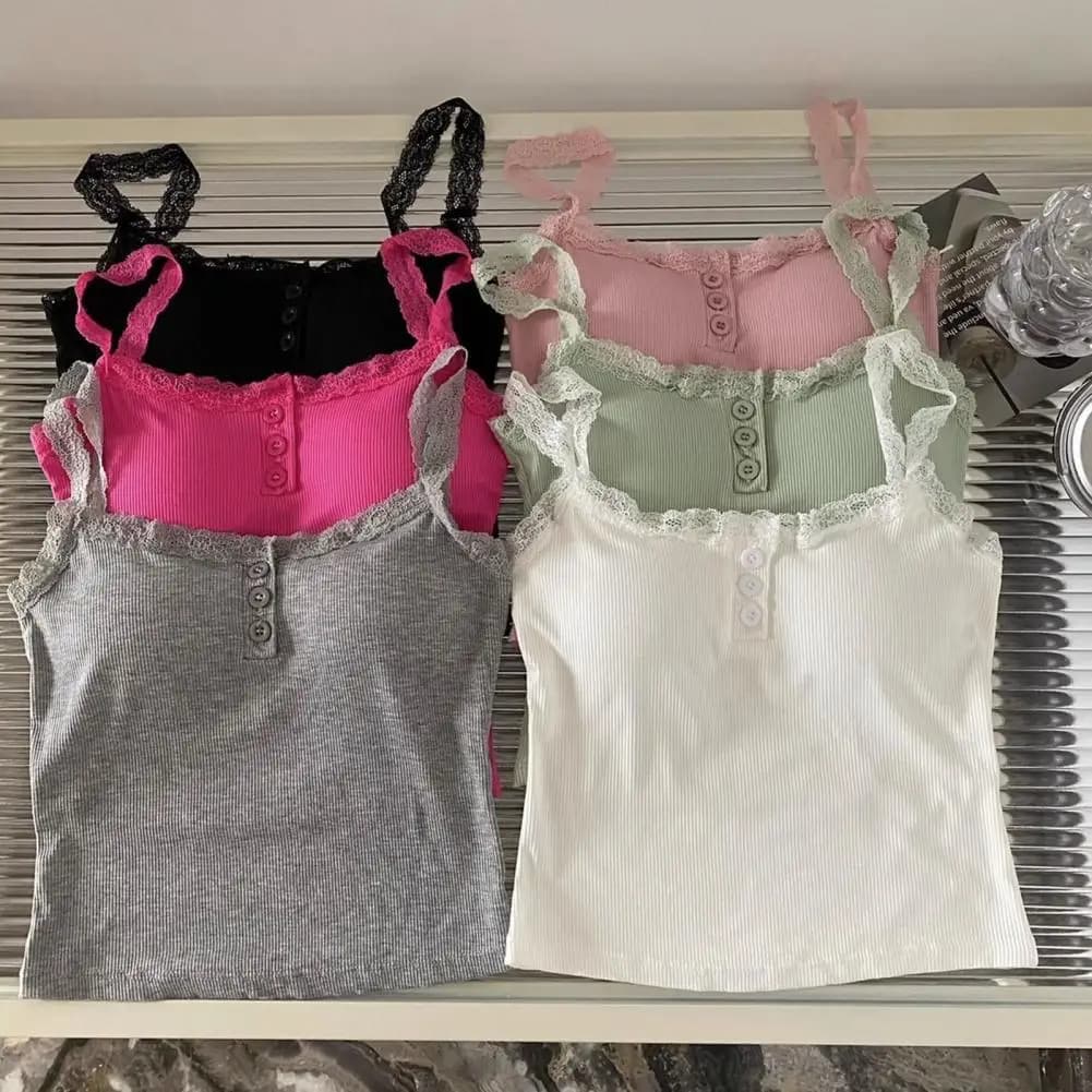 Top a Bretelle da Donna in Tinta Unita con Inserti in Pizzo e Imbottitura Integrata, Morbido ed Elastico