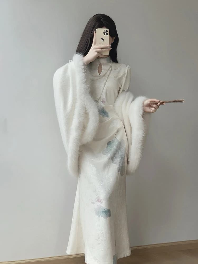 Ting Yue Ling New 2026 Women's Reformed Chinese Style Wedding Dress with Fish Tail Fleece Outer Shawl for Autumn Winter