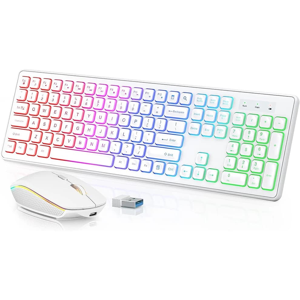 Backlit wireless keyboard and mouse, silent illuminated keys, tiltable legs, rechargeable USB cordless combo for computer, PC, laptop