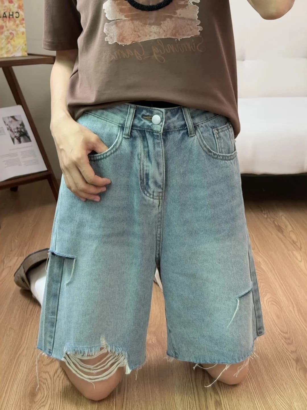 American Style Ripped Denim Shorts Women's plus Size Summer High Waist Loose Wide Leg Five-Quarter Pants Straight Slimming