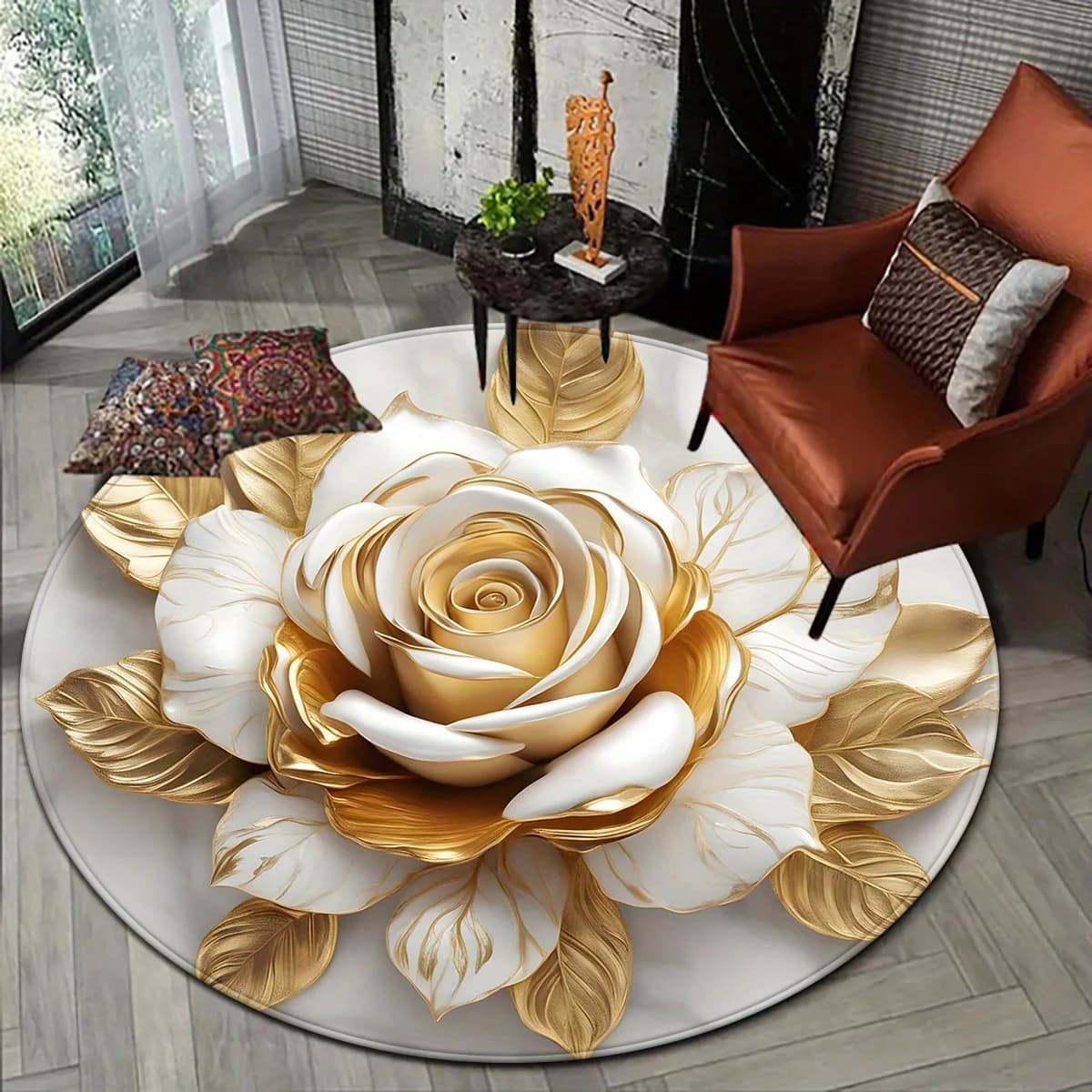 Tappeto rotondo bianco oro rosa, tappetino in poliestere di lusso per l'arredamento della camera da letto, solo lavaggio a mano, design romantico