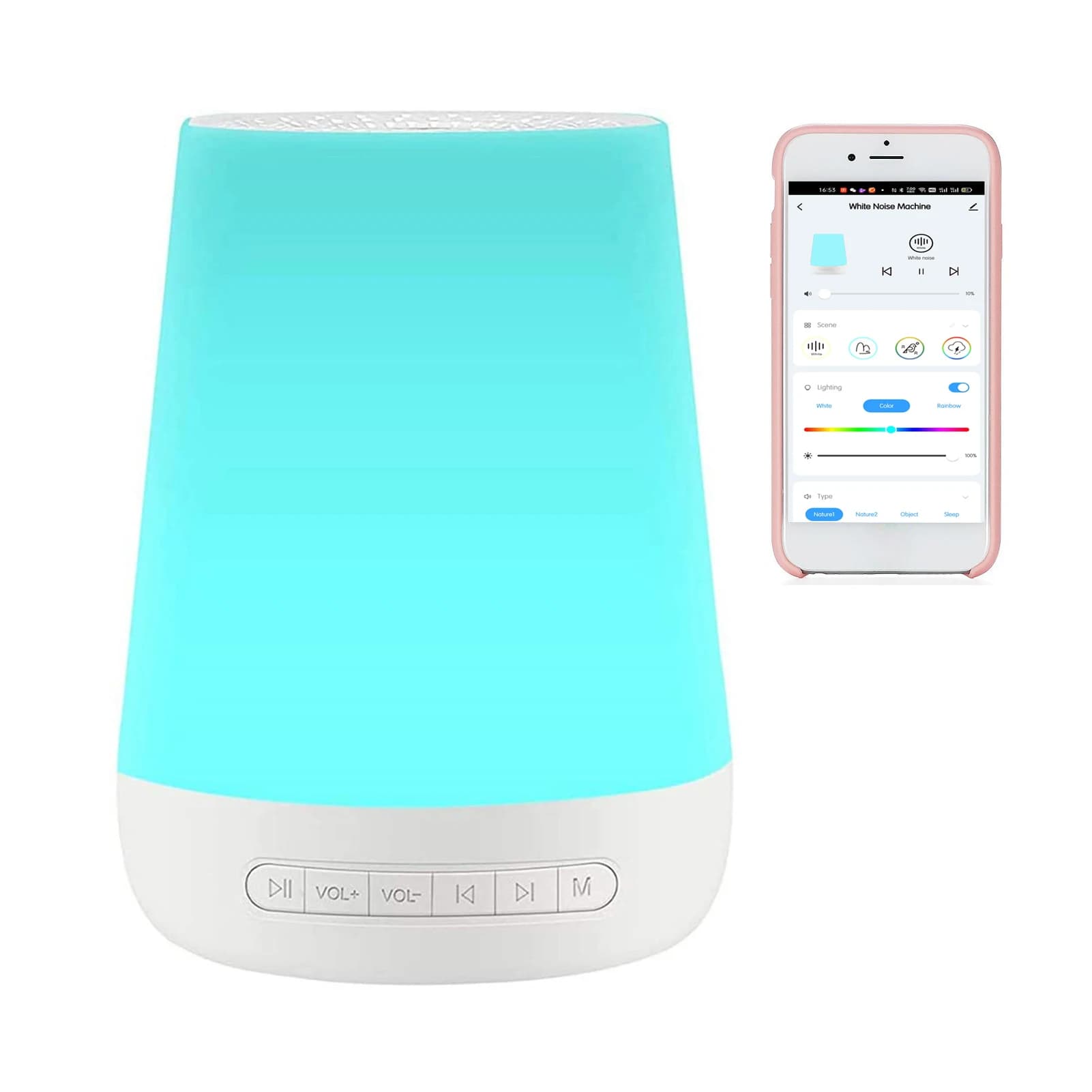 Macchina intelligente per il rumore bianco Macchina per il suono del sonno del bambino Luci notturne colorate 34 Suoni rilassanti Supporta il telecomando APP