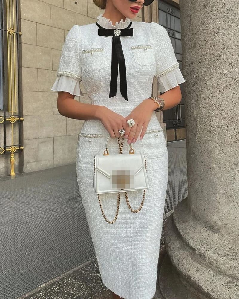 Elegant Slimming Women's Dress 2023 Spring Autumn High Waist A-Line Long Skirt H-Shape Polyester Short Sleeve round Neck