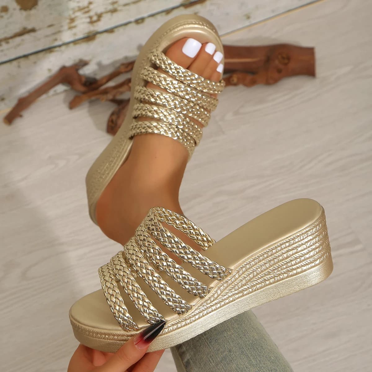 Women Sandals Plus Size High Heel Summer Shoes Chunky Platform Wedges Sandals Women Thick Bottom Weave Strap Slippers Woman