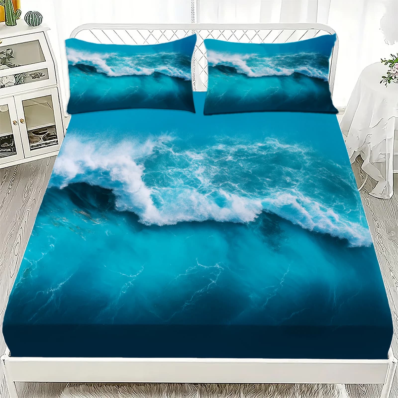 Set of sheets with corners of 3 pieces Set of breathable polyester bed linen 100% with blue sea colored waves print for home decoration with 2 pillowcases