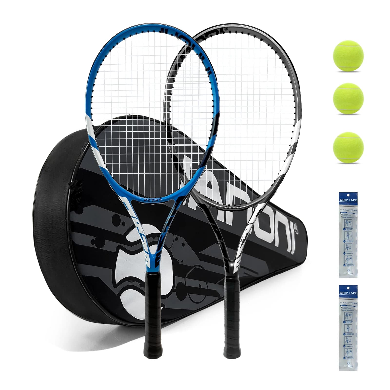 Racchette da tennis per adulti, racchette da tennis pre-intrecciate da 27 pollici-2 set di racchette da tennis per giocatori con 3 palline, 2 impugnature, 2 punti di vibrazione