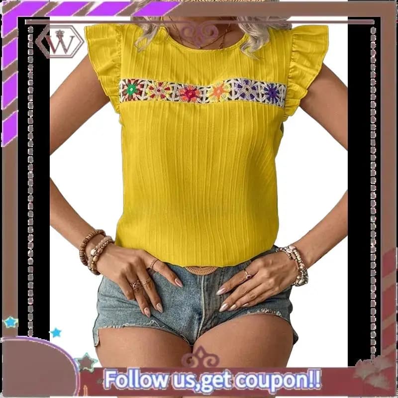 A95D-Women's Floral Embroidery Blouse Crew Neck Short Sleeve Summer Boho Shirt