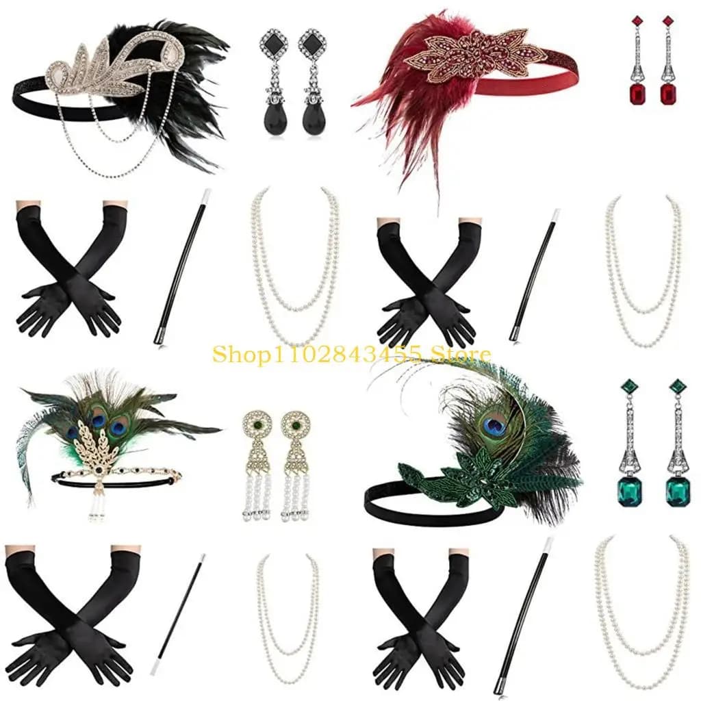 49MC Anni '20 Flapper Gatsby Accessori per costumi da festa per donne Vintage Copricapo Nappa Orecchino Trucco Abiti da