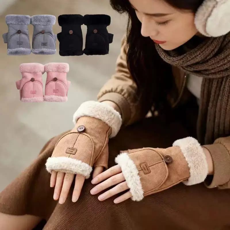 Guanti da donna alla moda in pelle scamosciata Flip Cover Guanti in velluto caldo Touch Screen Guanti mezze dita Guanti da ciclismo termici per scrittura all'aperto