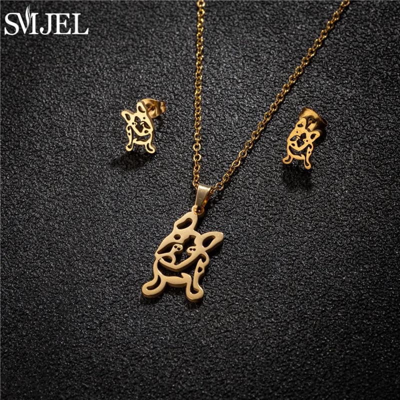 Adorabili set di gioielli in acciaio inossidabile Bulldog francese Color oro per le donne collana di cane Chihuahua di moda orecchini animali Collares