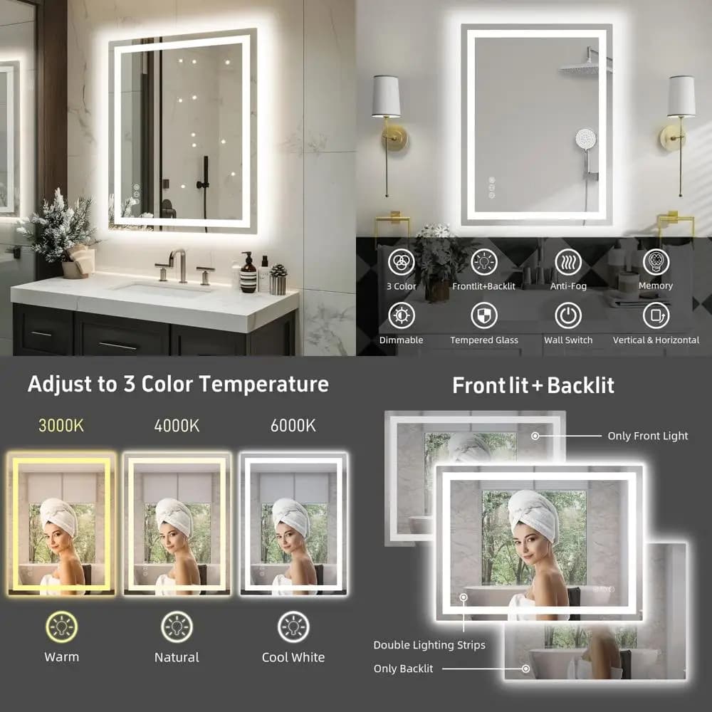 Specchio da bagno a LED dimmerabile con doppie luci, retroilluminato e illuminazione frontale, 3 opzioni di colore per un'illuminazione migliorata